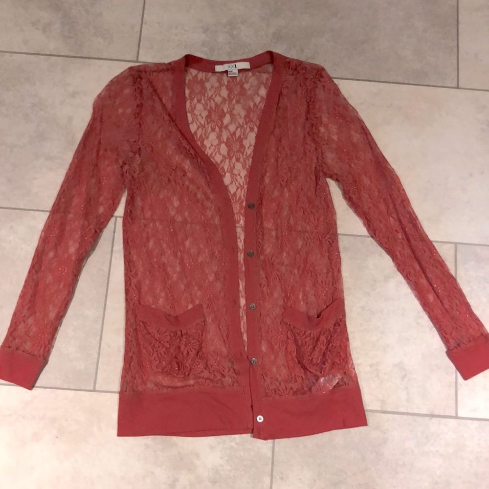 Coral, lace cardigan